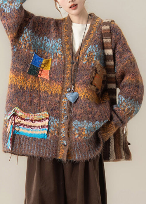 Coffee Striped Button Cozy Patchwork Knit Coat V Neck