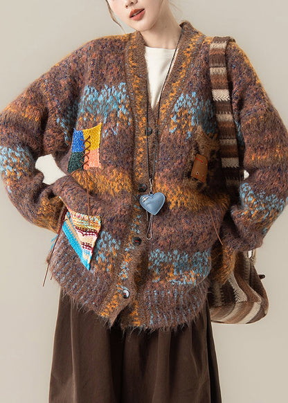 Coffee Striped Button Cozy Patchwork Knit Coat V Neck