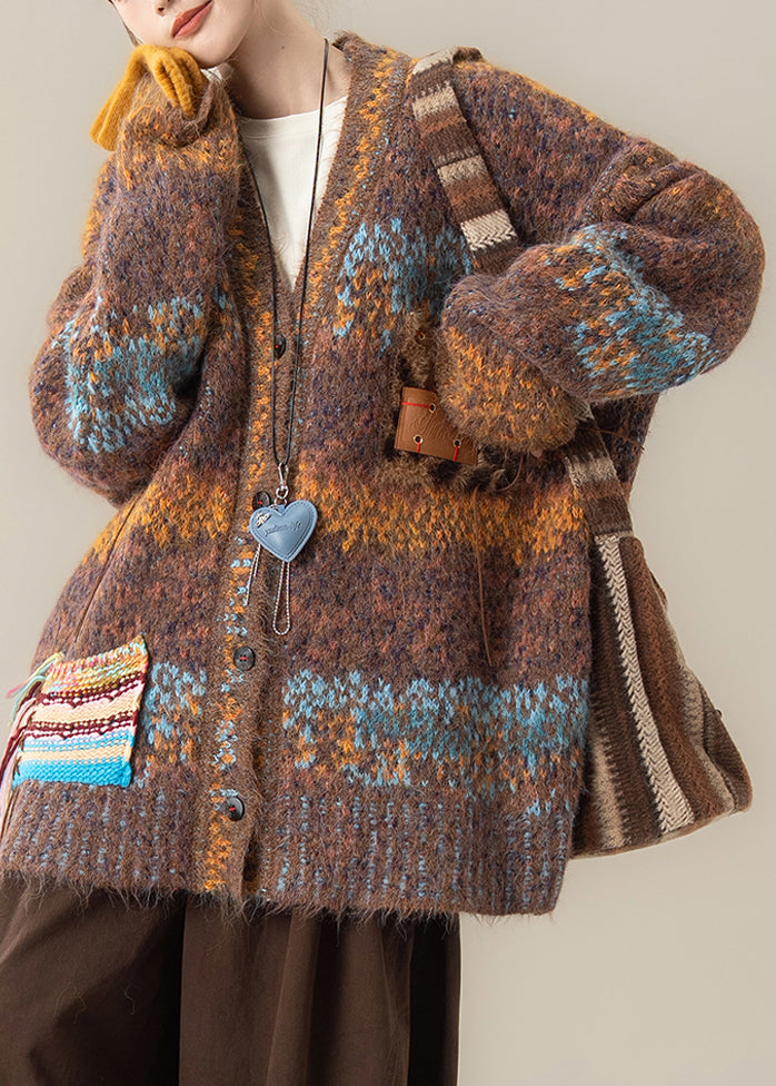 Coffee Striped Button Cozy Patchwork Knit Coat V Neck