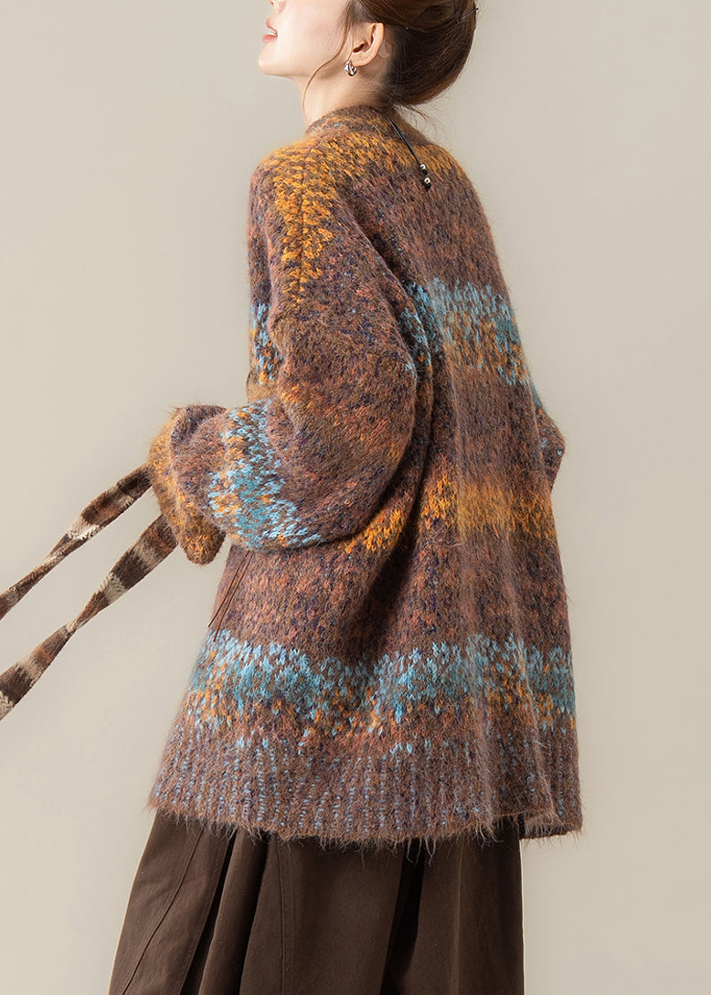 Coffee Striped Button Cozy Patchwork Knit Coat V Neck