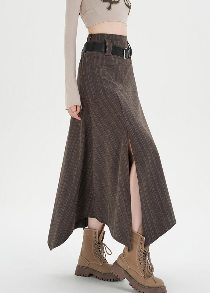 Coffee Striped Side Open High Waist Spandex Skirts Asymmetrical