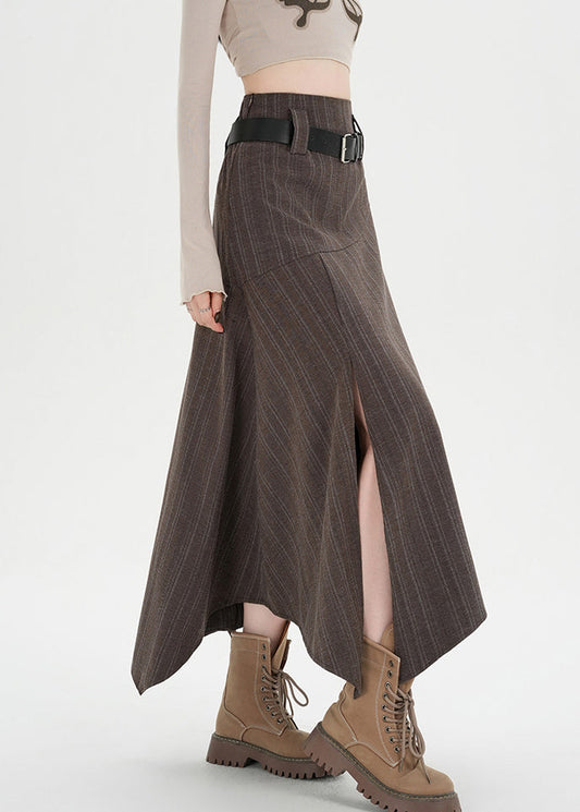 Coffee Striped Side Open High Waist Spandex Skirts Asymmetrical