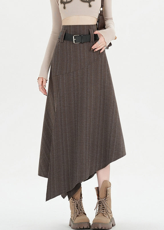 Coffee Striped Side Open High Waist Spandex Skirts Asymmetrical