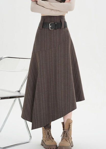 Coffee Striped Side Open High Waist Spandex Skirts Asymmetrical