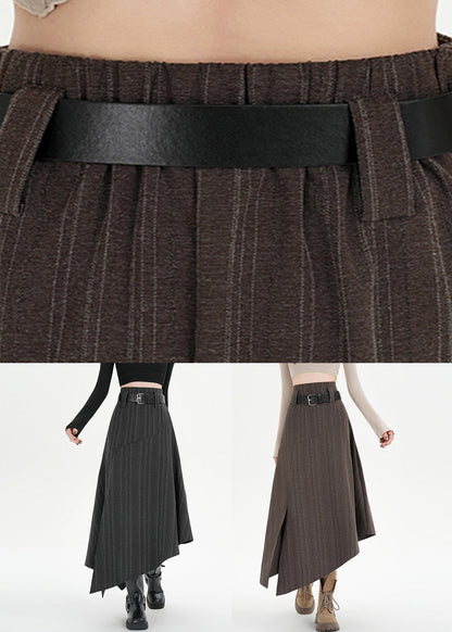 Coffee Striped Side Open High Waist Spandex Skirts Asymmetrical
