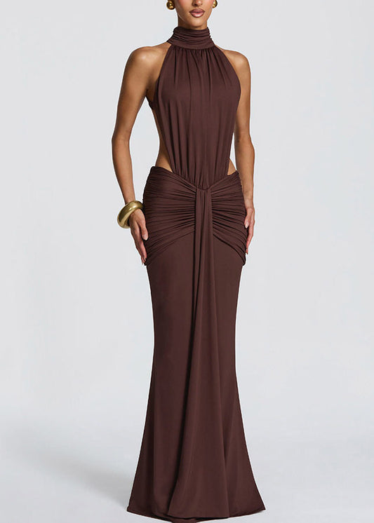 Coffee Tie Lace Backless Solid Long Fish-Tail Dress Sleeveless