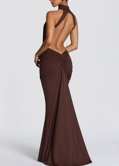Coffee Tie Lace Backless Solid Long Fish-Tail Dress Sleeveless