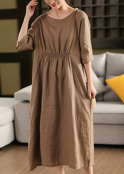 Coffee Wrinkled Button Linen Dress O Neck Summer
