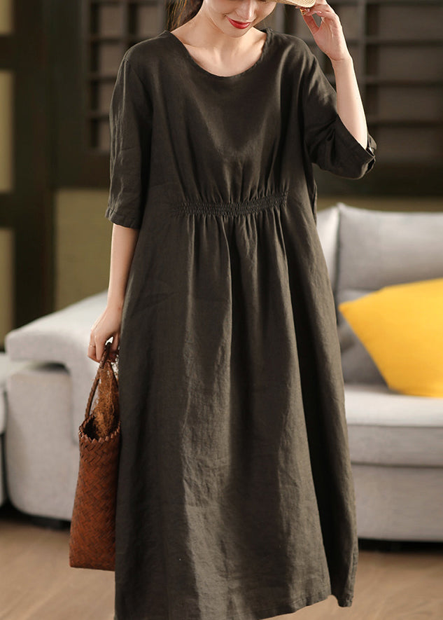 Coffee Wrinkled Button Linen Dress O Neck Summer