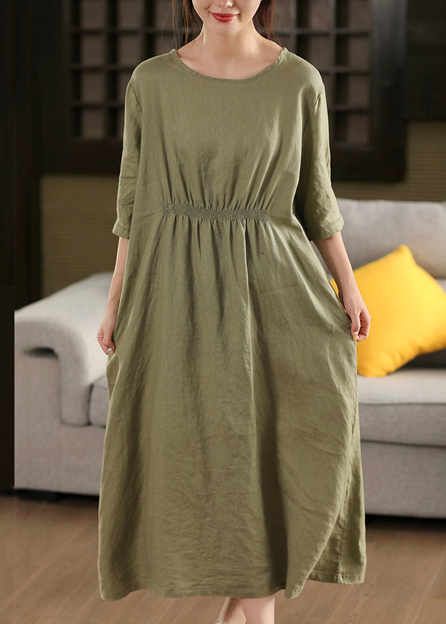 Coffee Wrinkled Button Linen Dress O Neck Summer