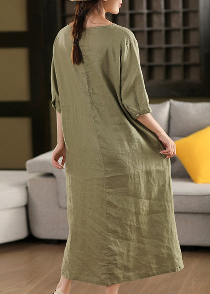 Coffee Wrinkled Button Linen Dress O Neck Summer