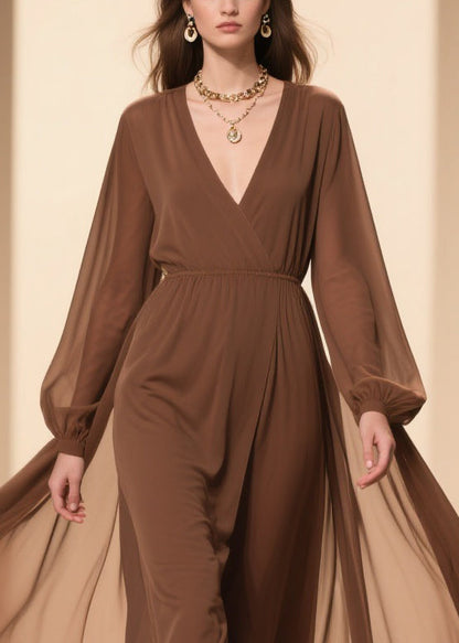 Coffee Wrinkled Solid Chiffon Maxi Dresses V Neck