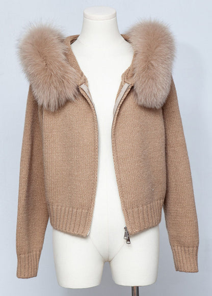 Coffee Zippered Patchwork Solid Knit Spring Coats Hooded