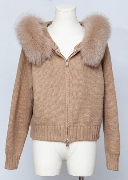 Coffee Zippered Patchwork Solid Knit Spring Coats Hooded