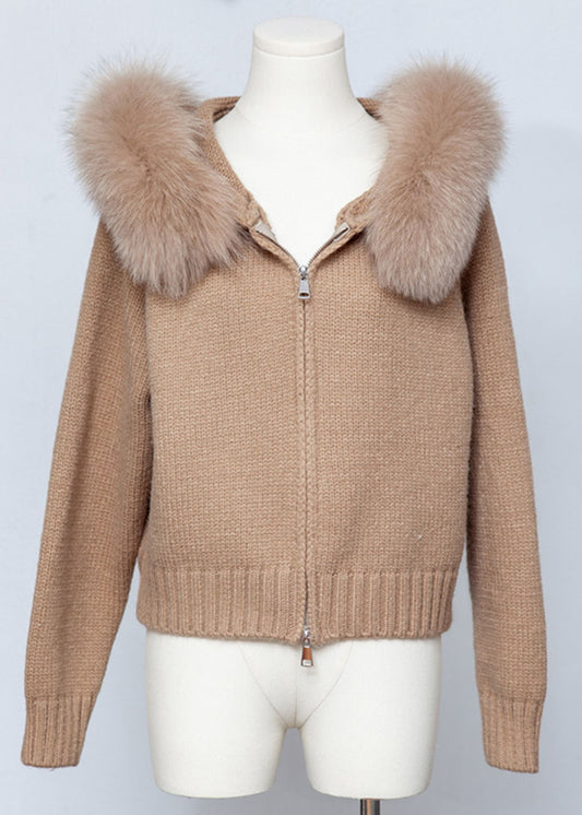 Coffee Zippered Patchwork Solid Knit Spring Coats Hooded