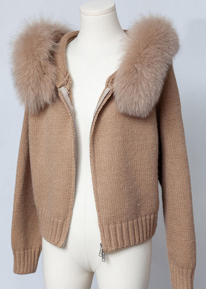 Coffee Zippered Patchwork Solid Knit Spring Coats Hooded