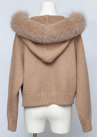 Coffee Zippered Patchwork Solid Knit Spring Coats Hooded