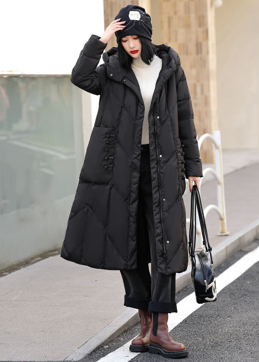 Coffee Zippered Pockets Duck Down Down Long Coat Hooded