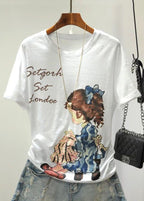 Colorblock Cartoon Print Cotton Top O Neck Short Sleeve