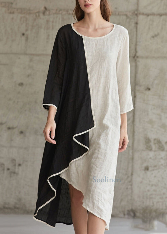Colorblock Patchwork Cotton Dress Asymmetrical Bracelet Sleeve