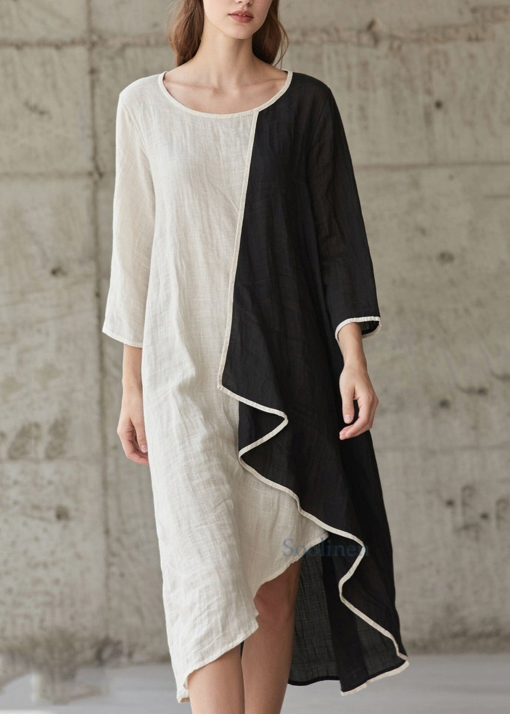 Colorblock Patchwork Cotton Dress Asymmetrical Bracelet Sleeve