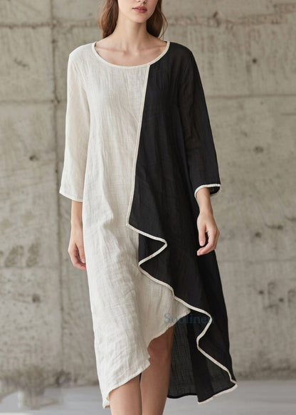 Colorblock Patchwork Cotton Dress Asymmetrical Bracelet Sleeve