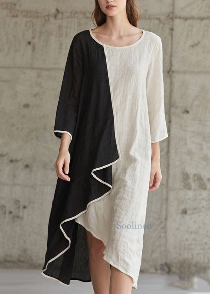 Colorblock Patchwork Cotton Dress Asymmetrical Bracelet Sleeve