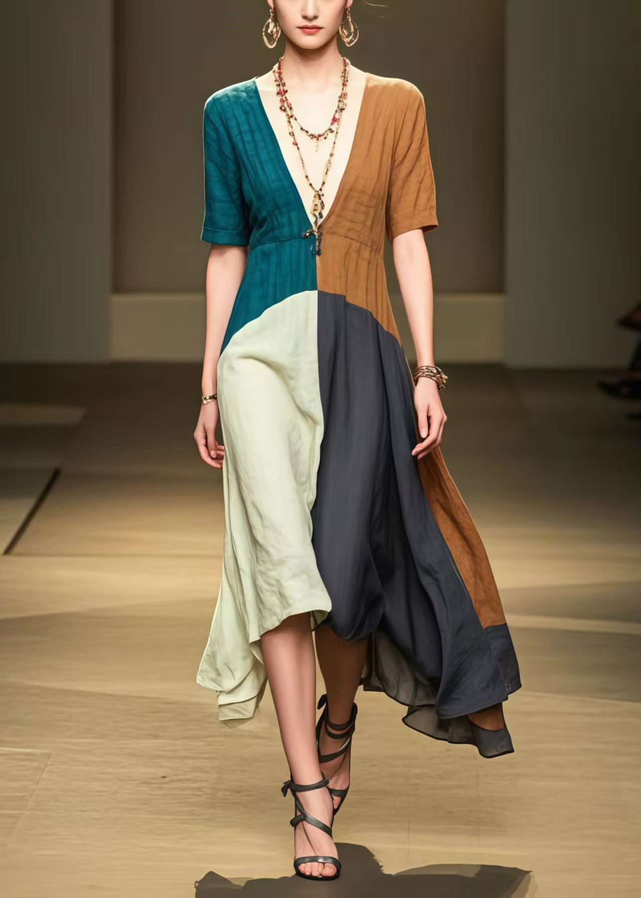 Colorblock Patchwork Cotton Long Dress Deep-V Neck Summer