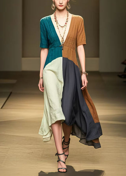 Colorblock Patchwork Cotton Long Dress Deep-V Neck Summer