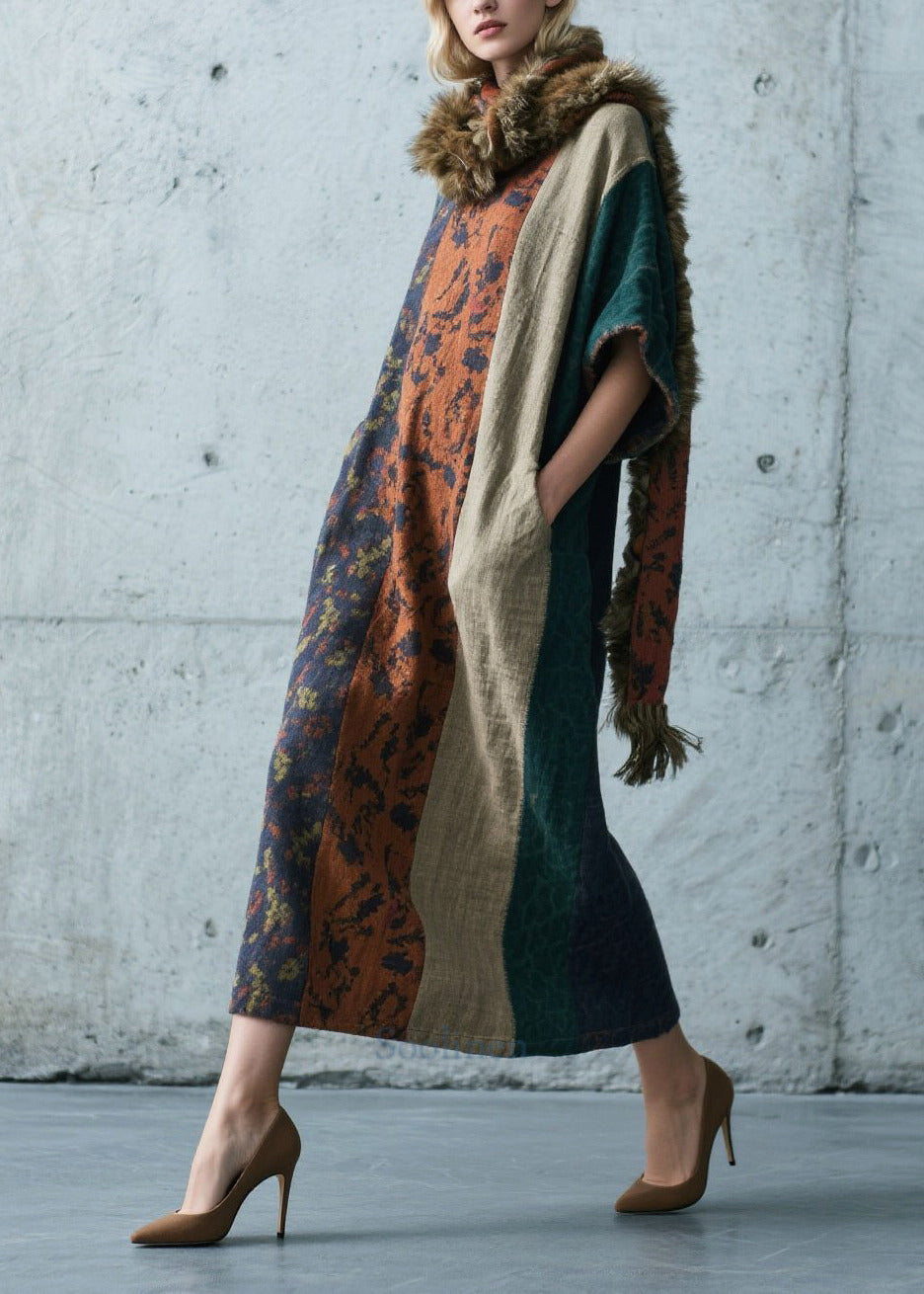 Colorblock Patchwork Cotton Long Dress Oversized Summer