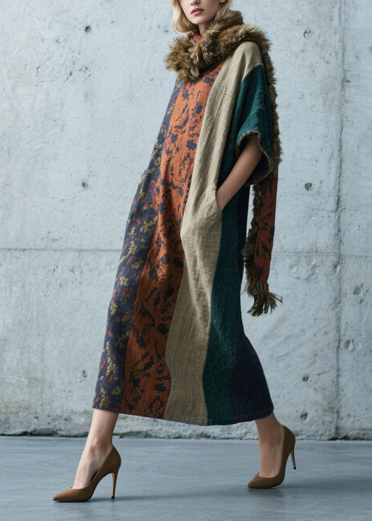 Colorblock Patchwork Cotton Long Dress Oversized Summer