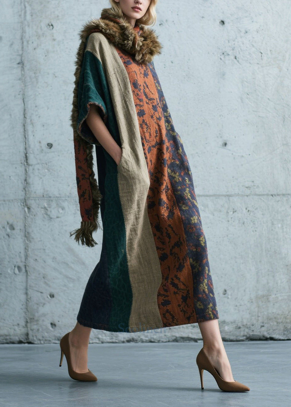 Colorblock Patchwork Cotton Long Dress Oversized Summer