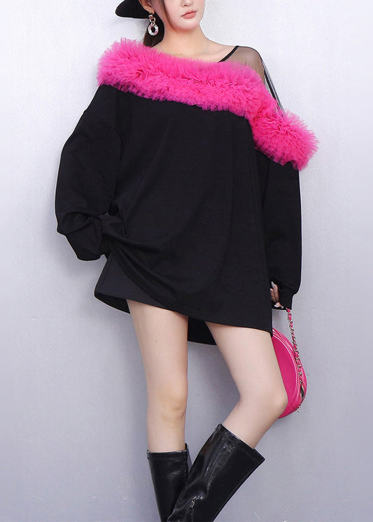 Colorblock Patchwork Cotton Mini Dress One Shoulder Spring