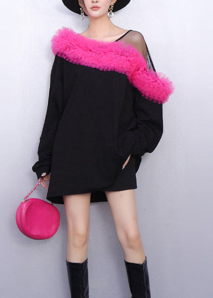 Colorblock Patchwork Cotton Mini Dress One Shoulder Spring