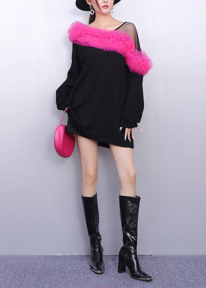 Colorblock Patchwork Cotton Mini Dress One Shoulder Spring