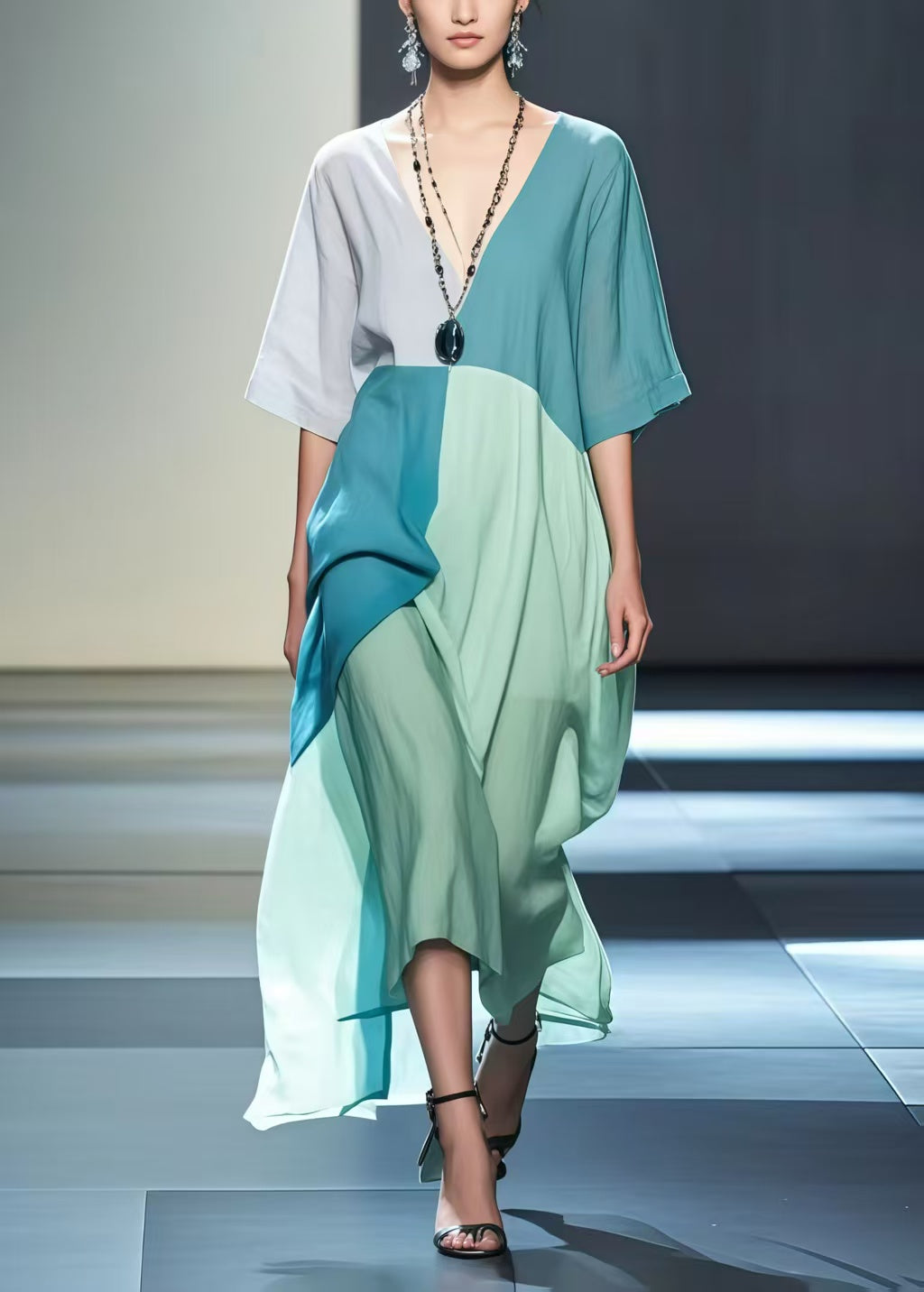 Colorblock Patchwork Cotton Robe Dresses Asymmetrical Design Summer