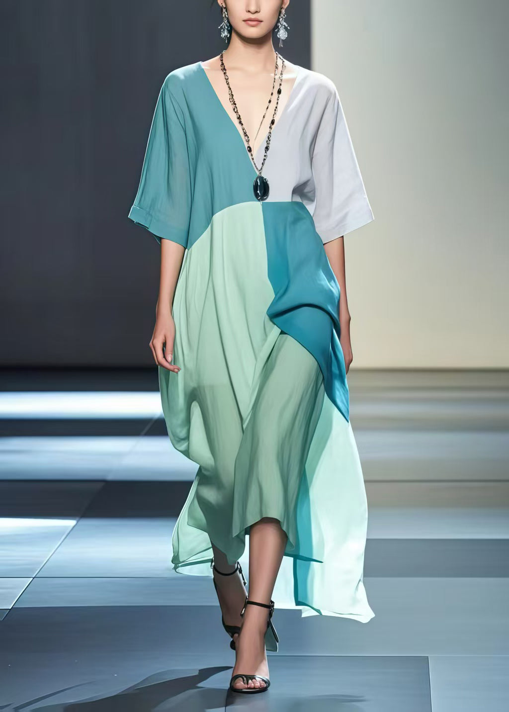 Colorblock Patchwork Cotton Robe Dresses Asymmetrical Design Summer