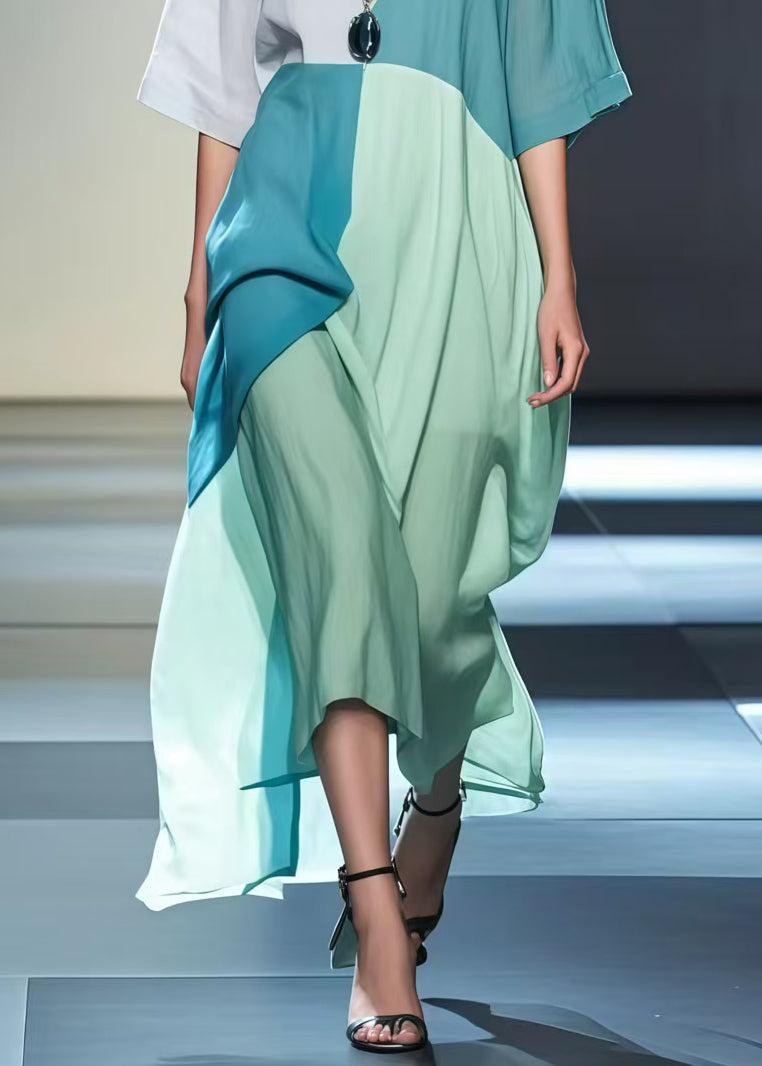 Colorblock Patchwork Cotton Robe Dresses Asymmetrical Design Summer