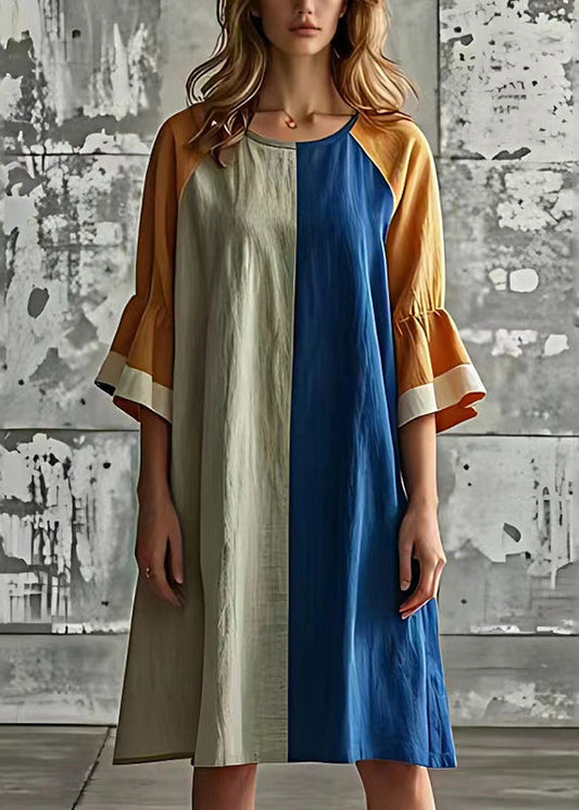 Colorblock Patchwork Cotton Robe Dresses Oversized Flare Sleeve