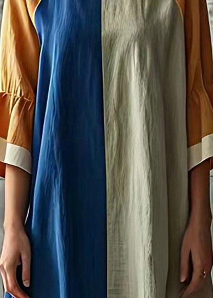 Colorblock Patchwork Cotton Robe Dresses Oversized Flare Sleeve