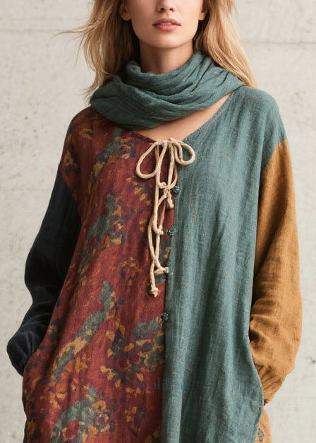 Colorblock Patchwork Cotton Vacation Dress Oversized Fall