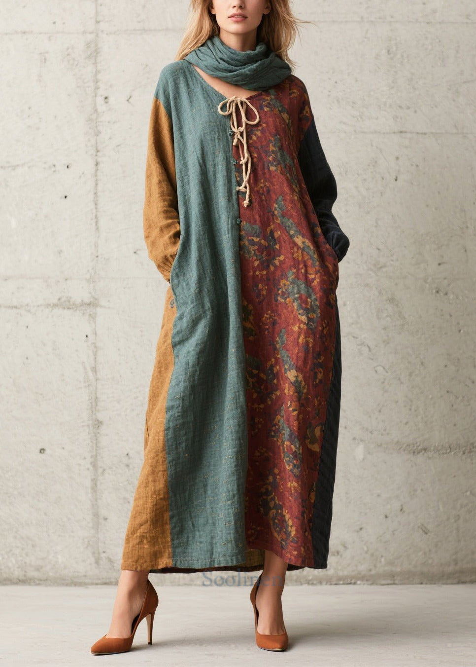 Colorblock Patchwork Cotton Vacation Dress Oversized Fall