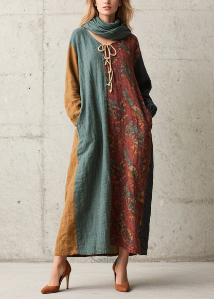 Colorblock Patchwork Cotton Vacation Dress Oversized Fall