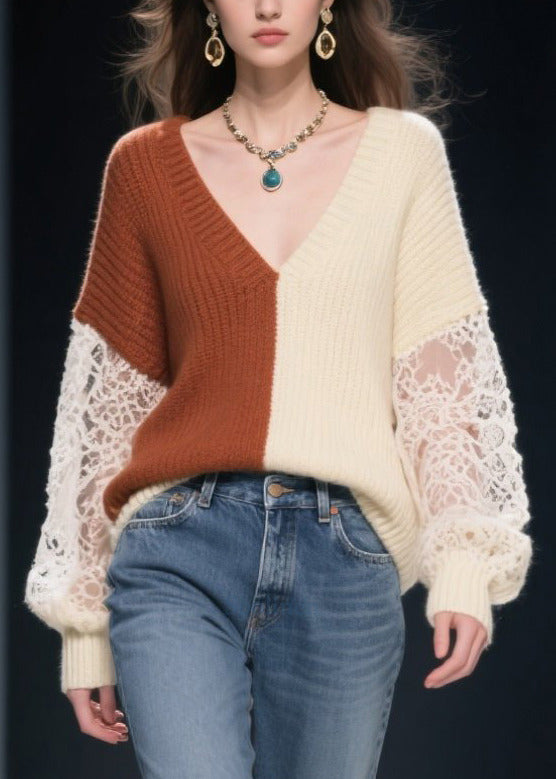 Colorblock Patchwork Lace Knit Pullover Asymmetrical Design Fall