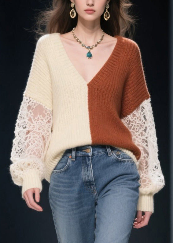 Colorblock Patchwork Lace Knit Pullover Asymmetrical Design Fall