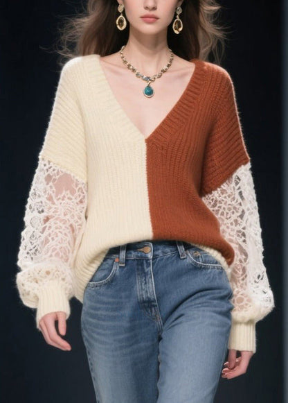 Colorblock Patchwork Lace Knit Pullover Asymmetrical Design Fall