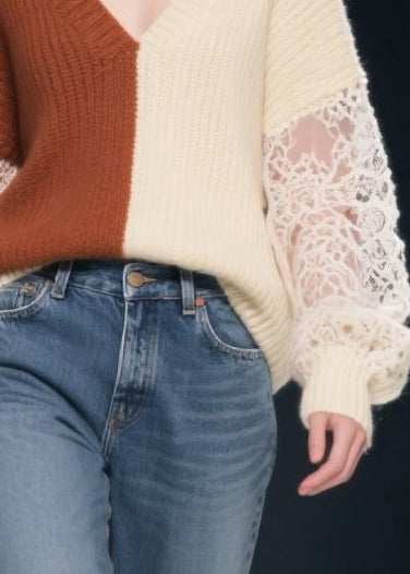 Colorblock Patchwork Lace Knit Pullover Asymmetrical Design Fall