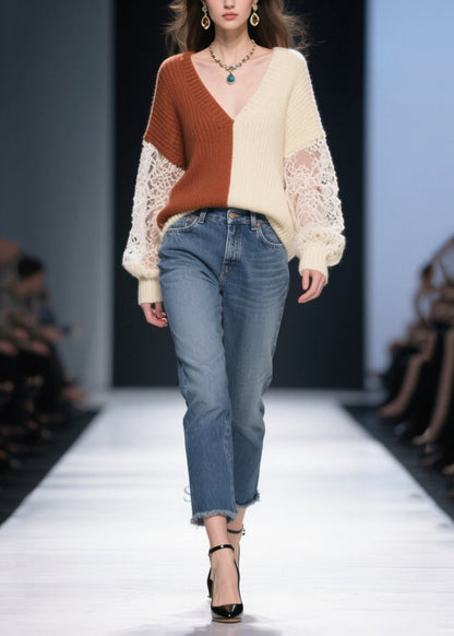Colorblock Patchwork Lace Knit Pullover Asymmetrical Design Fall