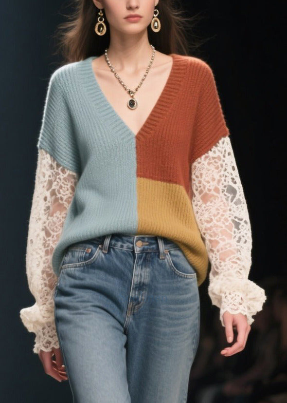 Colorblock Patchwork Lace Knit Tops Hollow Out Fall