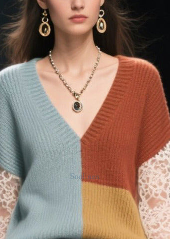 Colorblock Patchwork Lace Knit Tops Hollow Out Fall